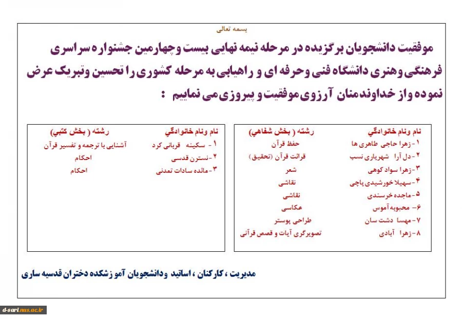 موفقیت دانشجویان آموزشکده قدسیه در بیست و چهارمین جشنواره فرهنگی و هنری