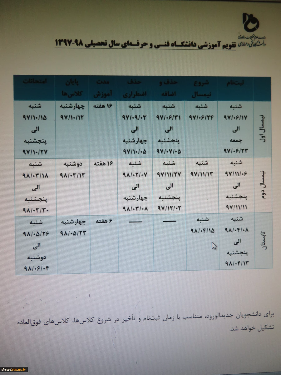 تقویم آموزشی دانشگاه فنی و حرفه ای سال تحصیلی 98-1397