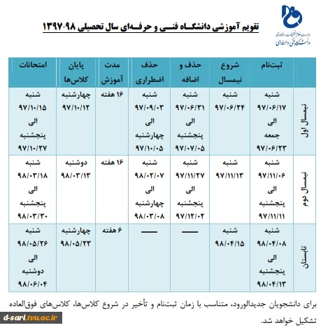 تقویم آموزشی دانشگاه فنی و حرفه ای سال تحصیلی 98-1397