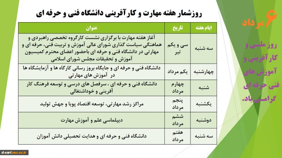 ششم مرداد روز ملی و کارآفرینی و آموزش های فنی حرفه ای گرامی باد