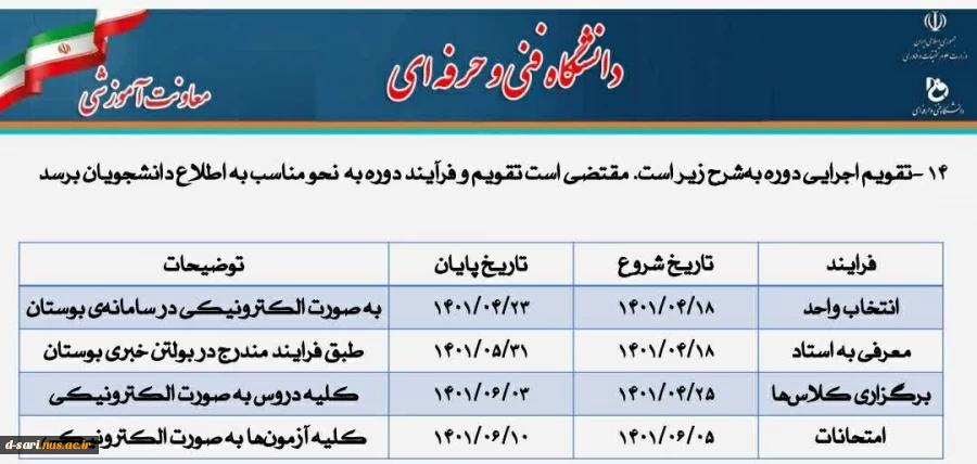 اطلاع رسانی تقویم اجرایی کلاس های دوره تابستان و معرفی به استاد 1401