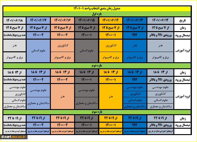 جدول زمانبندی انتخاب واحد 1-1401