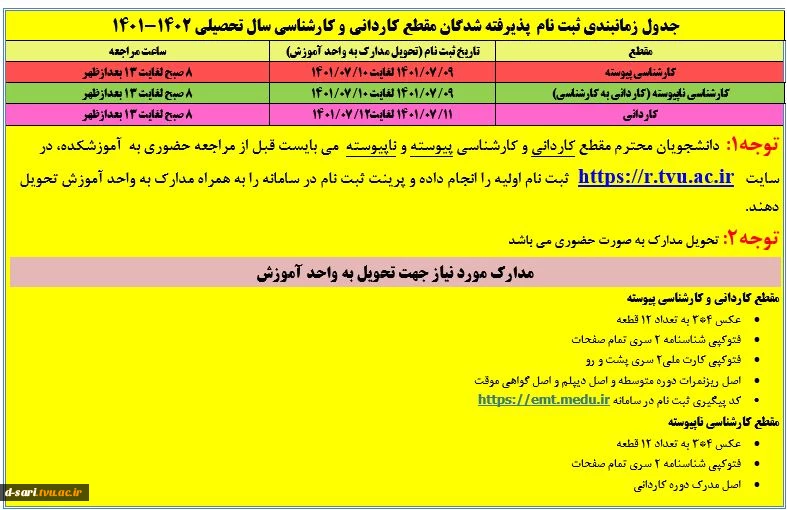 جدول زمانبندی ثبت نام  پذیرفته شدگان مقطع کاردانی و کارشناسی سال تحصیلی 1402-1401 2