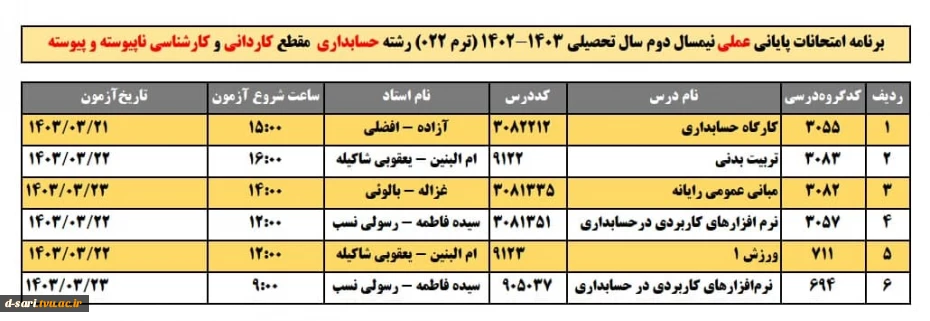 برنامه امتحانات عملی ترم 022 4