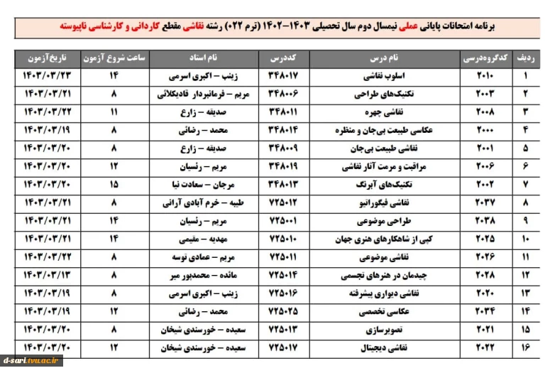 برنامه امتحانات عملی ترم 022 17